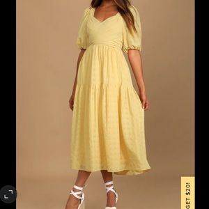 Hello Sweetheart Light Yellow Puff Sleeve Tiered Midi Dress